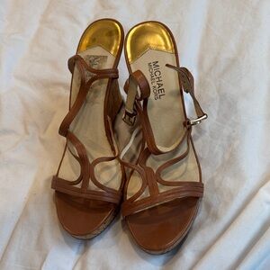 Michael Kors Tan Strappy Pumps Sandals with Gold Accents